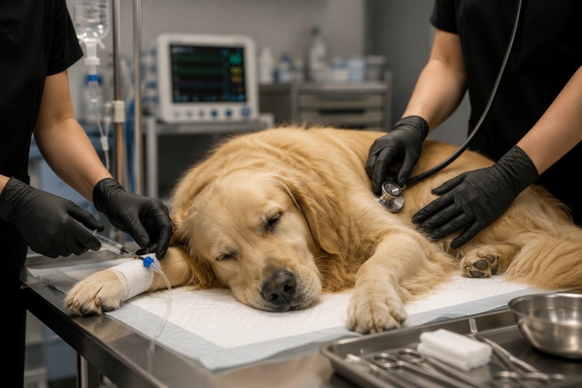 Vet examining a dog